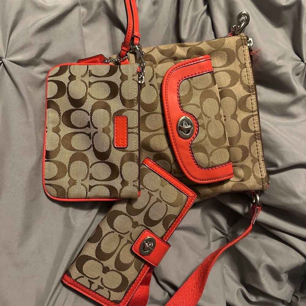 Coach Tan and Red Crossbody Bag Set
